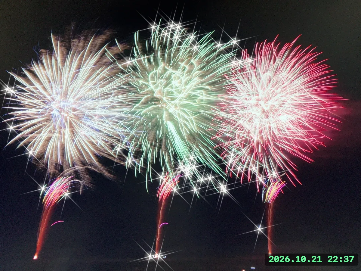 クロスフィルター風の光が広がる花火の写真